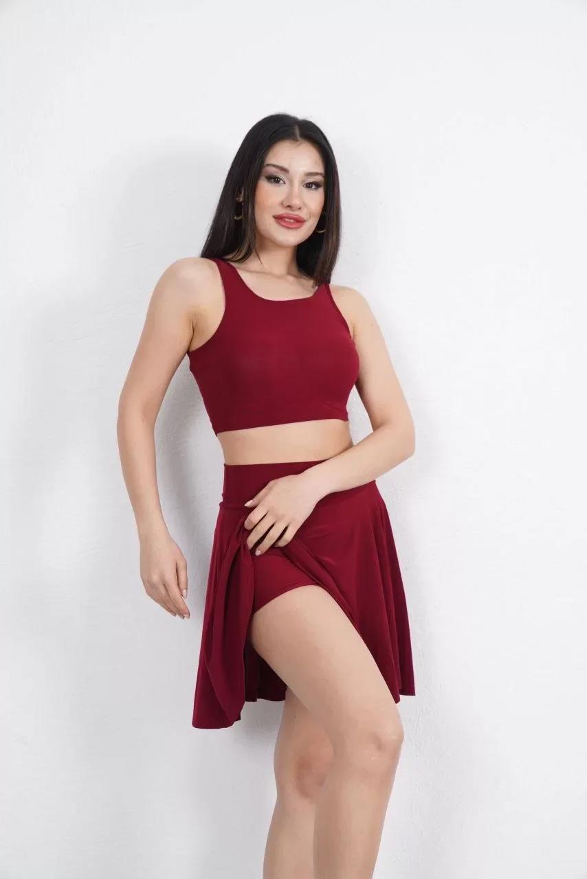 Sendy Kumaş Bisiklet Yaka Crop Şortlu Etek ikili Takım - Bordo