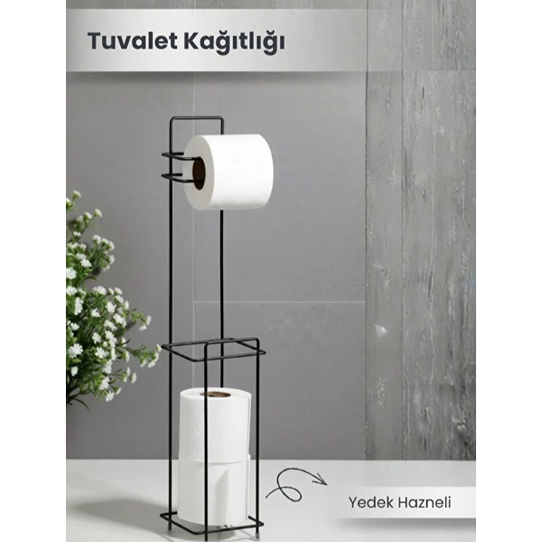 Siyah Standlı Yedek Hazneli Tuvalet Kağıtlığı