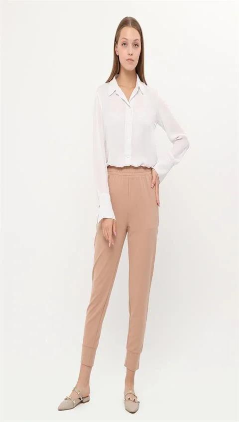 Step Paçası Manşetli Beli Lastikli Pantolon - (38-46) - 71125 - Bej