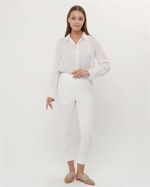 Step Paçası Manşetli Beli Lastikli Pantolon - (38-46) - 71125 - Krem