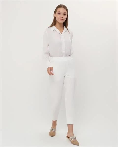 Step Paçası Manşetli Beli Lastikli Pantolon - (38-46) - 71125 - Krem