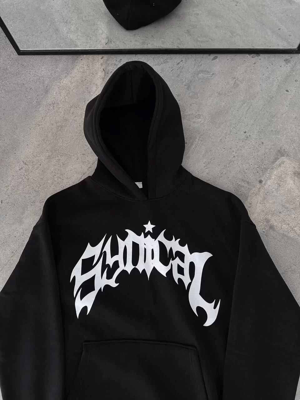 Üç İplik Kapüşonlu Baskılı Oversize SweatShirt- Siyah