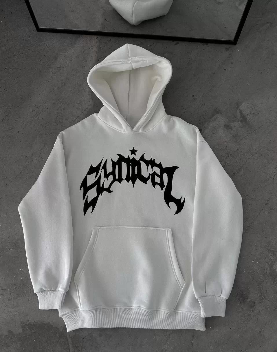 Üç İplik Kapüşonlu Baskılı Oversize SweatShirt- Beyaz