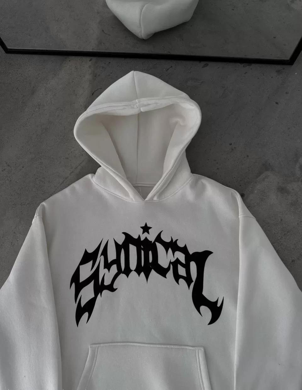 Üç İplik Kapüşonlu Baskılı Oversize SweatShirt- Beyaz