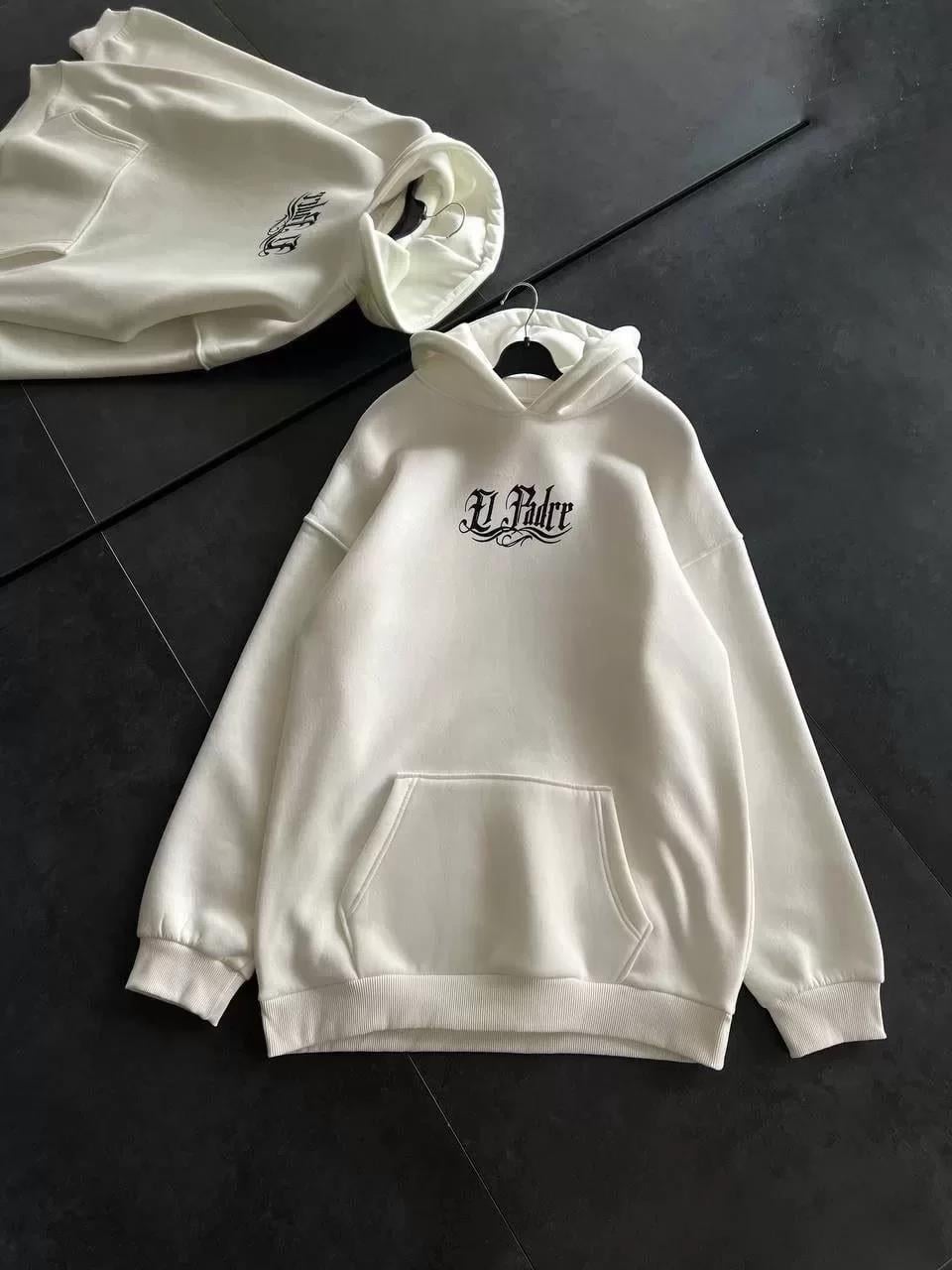 Üç İplik Penye Uzun Kol Kapüşonlu Baskılı SweatShirt - Beyaz