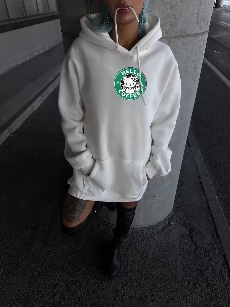 Üç İplik Penye Uzun Kol Kapüşonlu SweatShirt - Beyaz