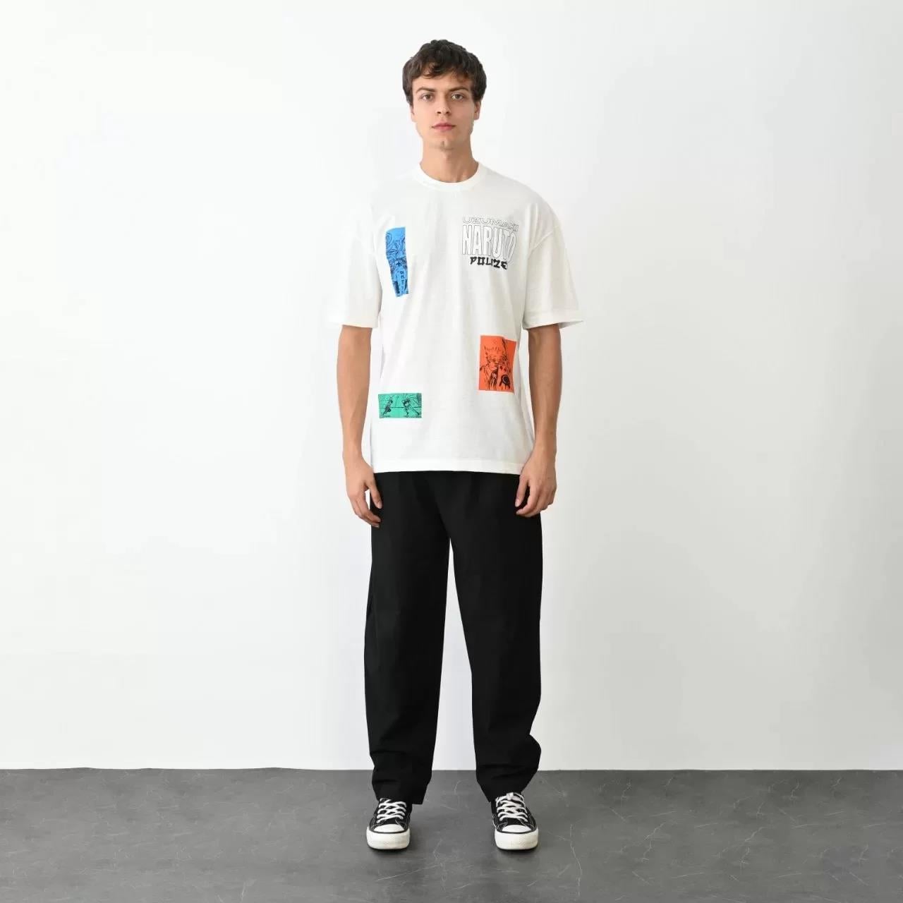 Unisex Bisiklet Yaka Baskılı Oversize T-Shirt - Beyaz