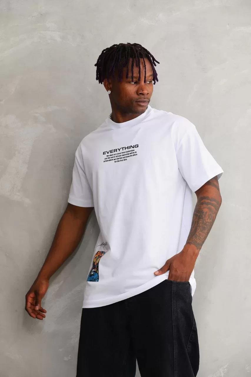 Unisex Bisiklet Yaka Baskılı Oversize T-Shirt - Siyah