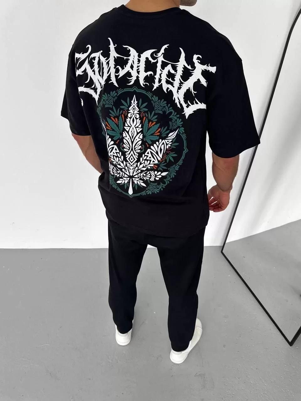 Unisex Bisiklet Yaka Baskılı Oversize T-Shirt - Siyah