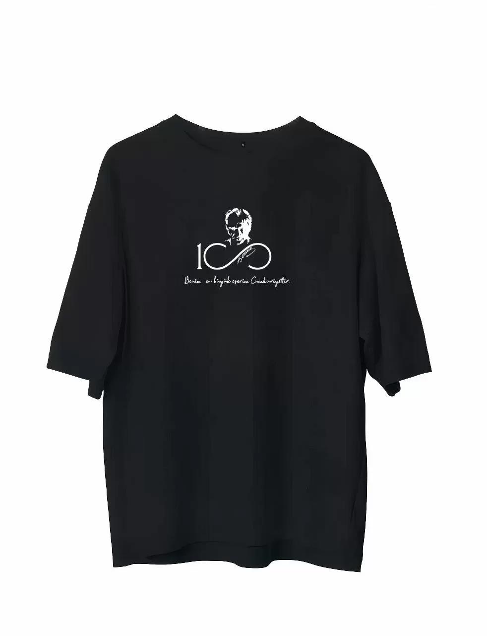 Unisex Bisiklet Yaka Baskılı Oversize T-Shirt - Siyah