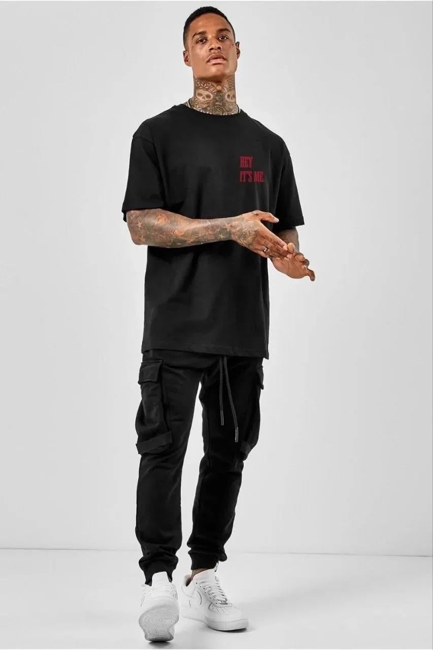 Unisex Bisiklet Yaka Oversize Baskılı T-Shirt - Siyah