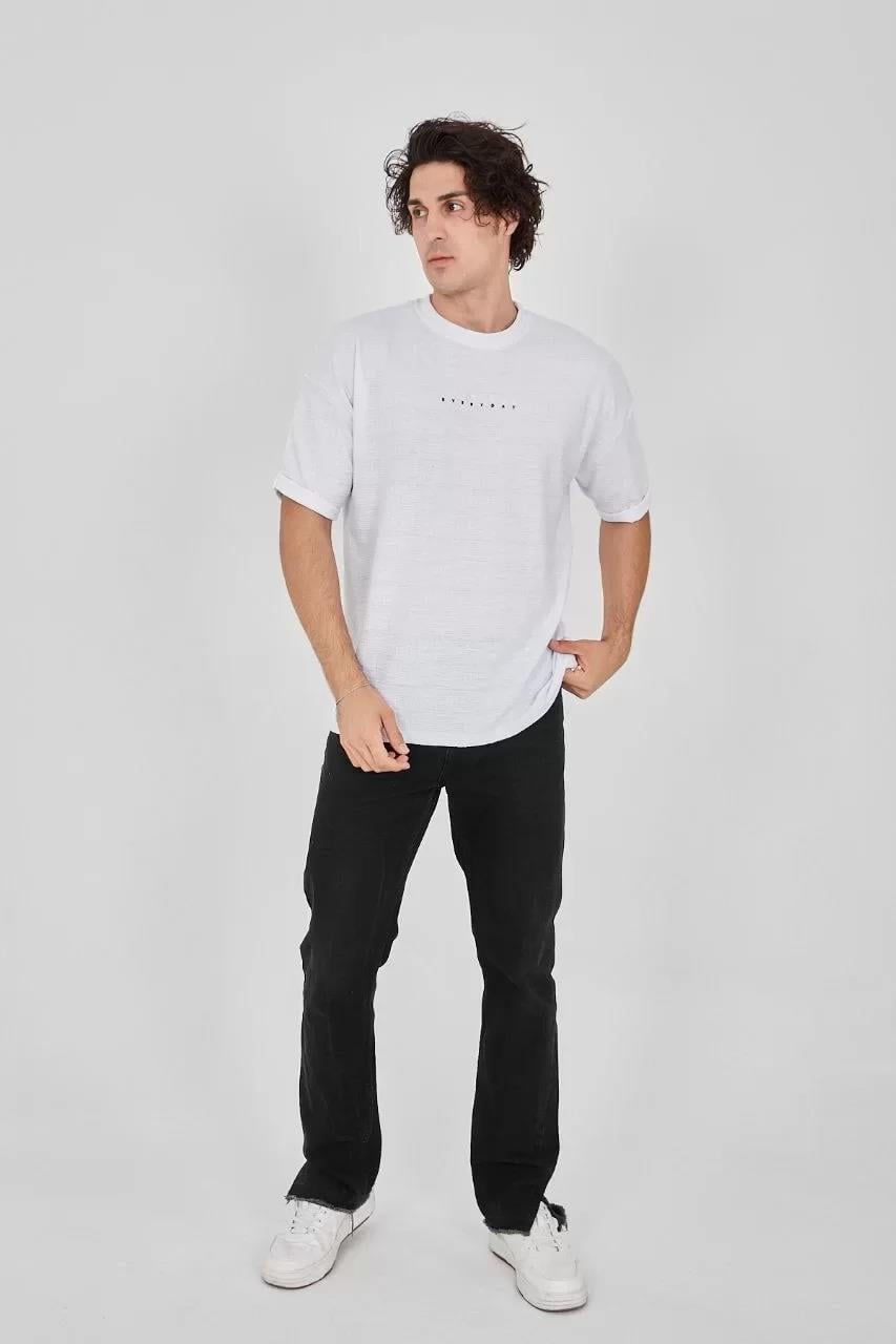 Unisex Jakar Kumaş Rahat Kol T-Shirt - Beyaz