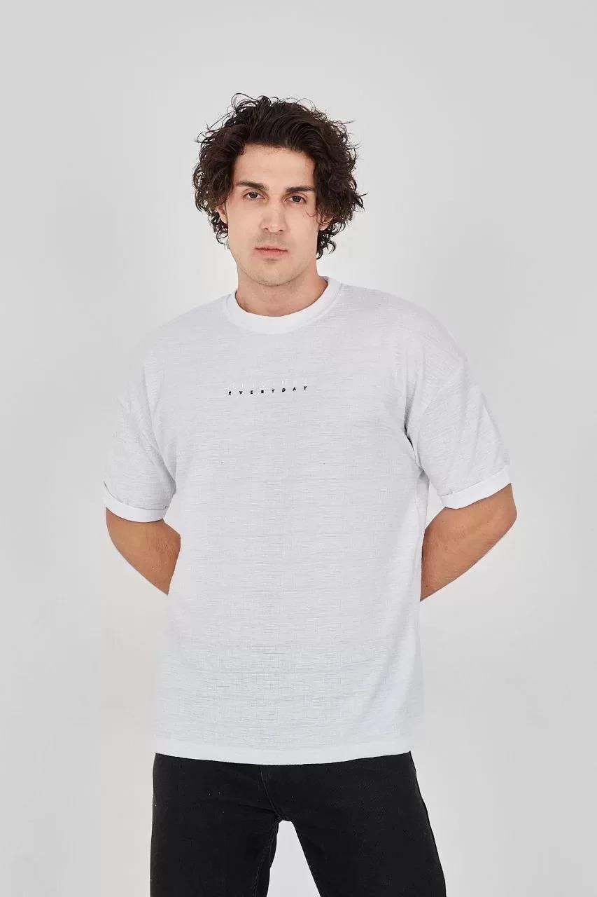 Unisex Jakar Kumaş Rahat Kol T-Shirt - Beyaz