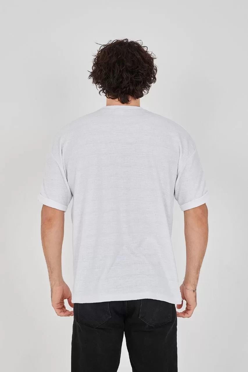 Unisex Jakar Kumaş Rahat Kol T-Shirt - Beyaz