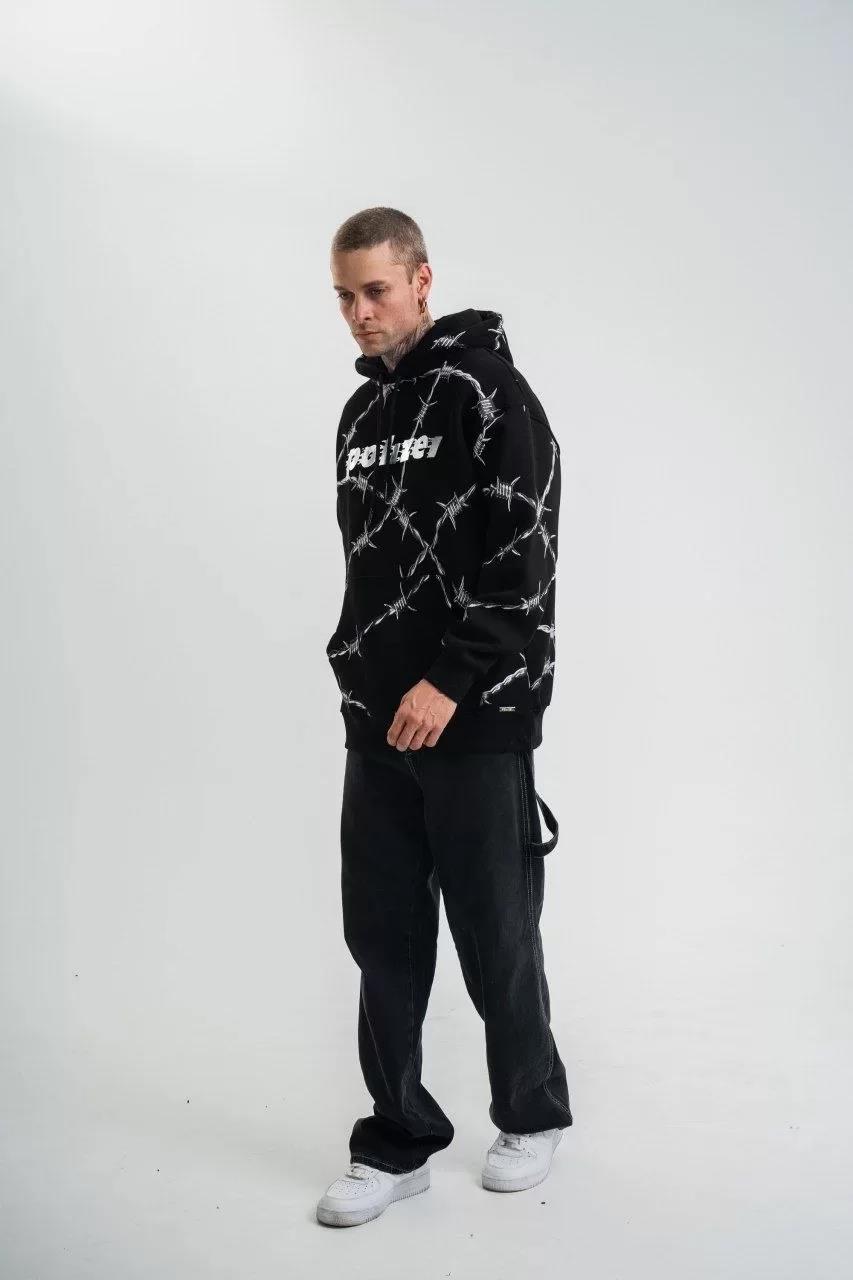 Unisex Kapşonlu Varak ve Pano Baskılı SweatShirt- Siyah