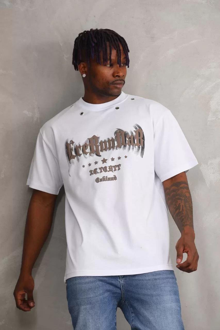 Unisex Kuşgözü Detaylı Baskılı Oversize T-Shirt - Beyaz