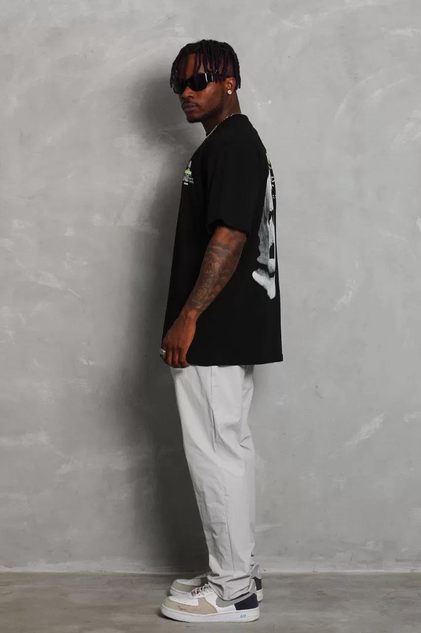 Unisex Oversize Baskılı Bisiklet Yaka T-Shirt - Siyah