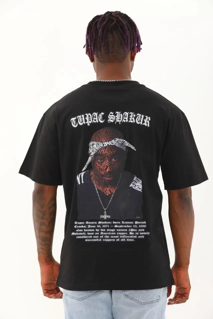 Unisex Oversize Baskılı Bisiklet Yaka T-Shirt - Siyah