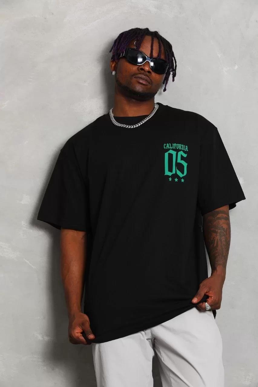 Unisex Oversize Baskılı Bisiklet Yaka T-Shirt - Siyah