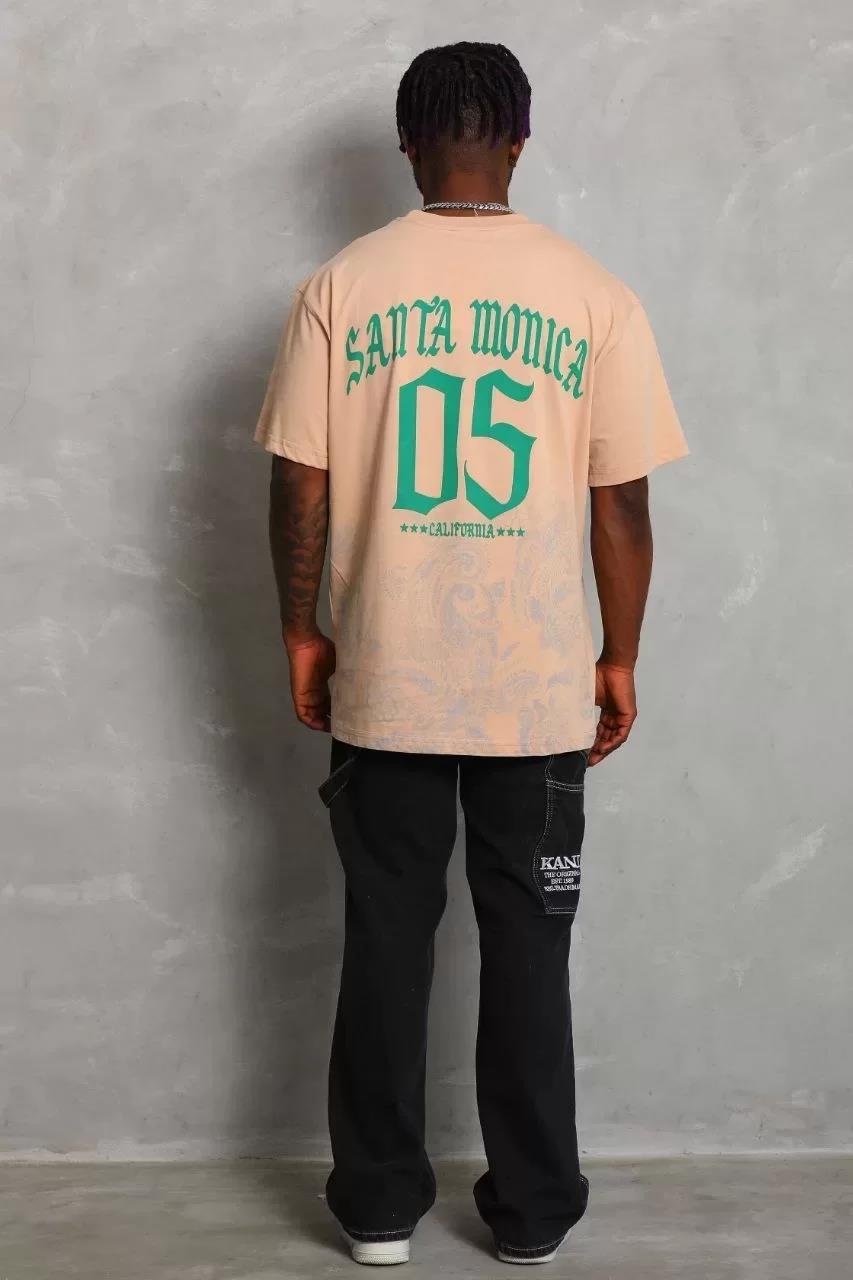 Unisex Oversize Baskılı Bisiklet Yaka T-Shirt - Bej