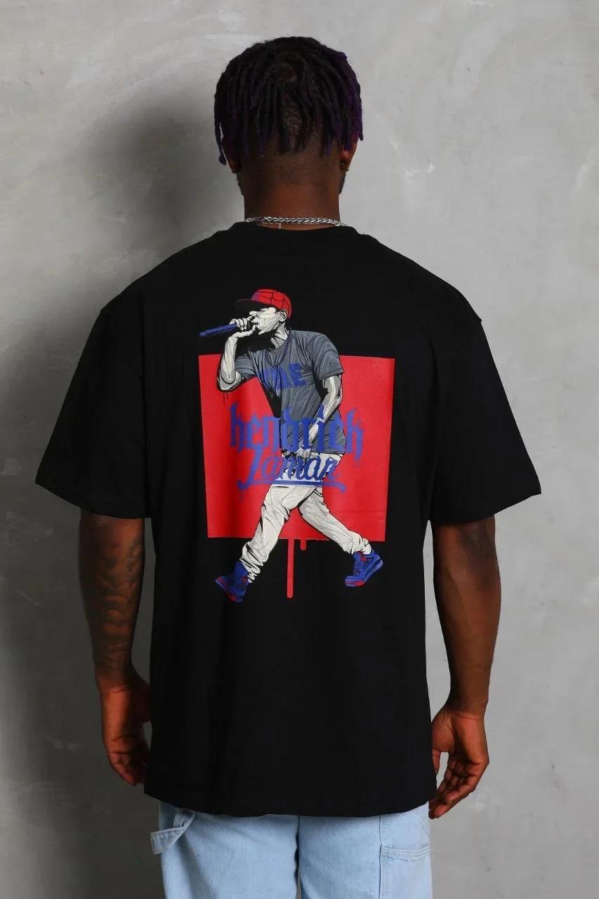 Unisex Oversize Baskılı Bisiklet Yaka T-Shirt - Siyah