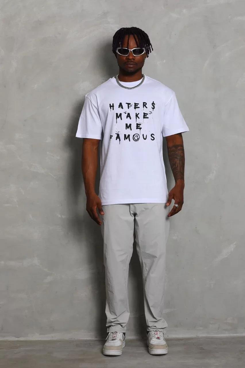 Unisex Oversize Baskılı Bisiklet Yaka T-Shirt - Beyaz