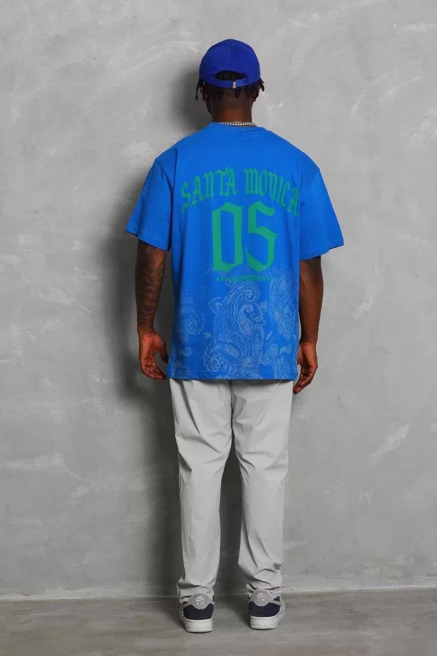 Unisex Oversize Baskılı Bisiklet Yaka T-Shirt - Mavi