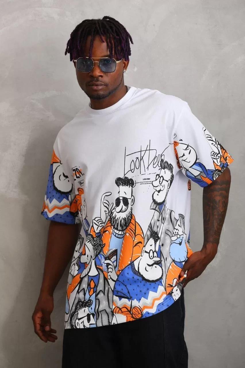 Unisex Oversize Baskılı Bisiklet Yaka T-Shirt - Beyaz