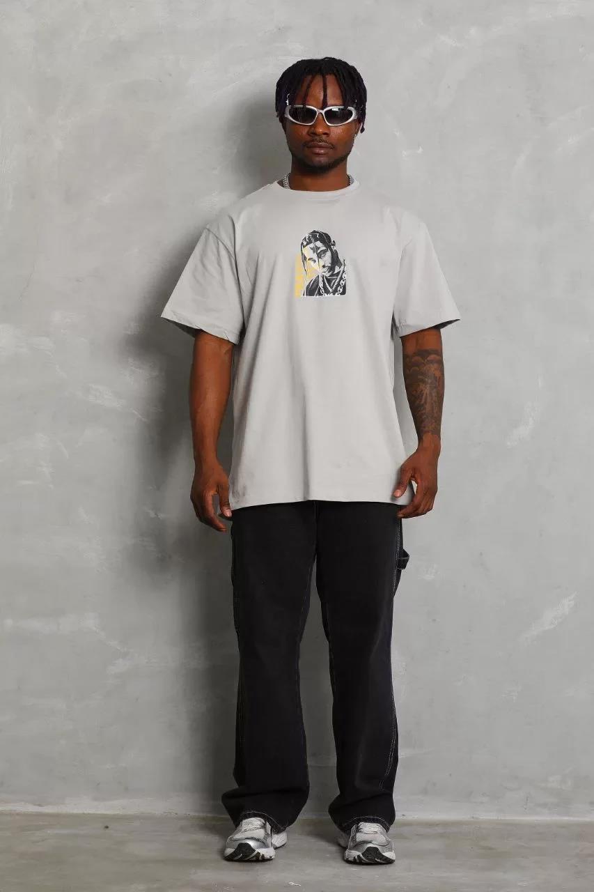 Unisex Oversize Baskılı Bisiklet Yaka T-Shirt - Gri