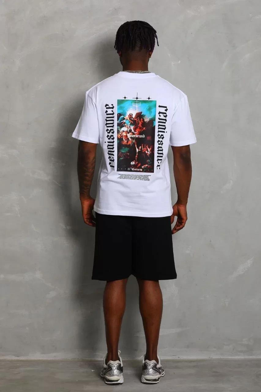 Unisex Oversize Baskılı Bisiklet Yaka T-Shirt - Beyaz