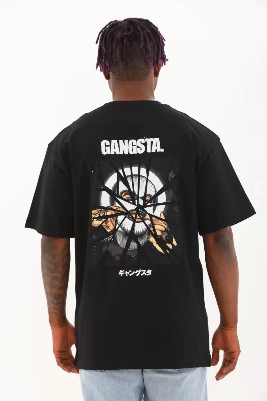 Unisex Oversize Baskılı Bisiklet Yaka T-Shirt - Siyah