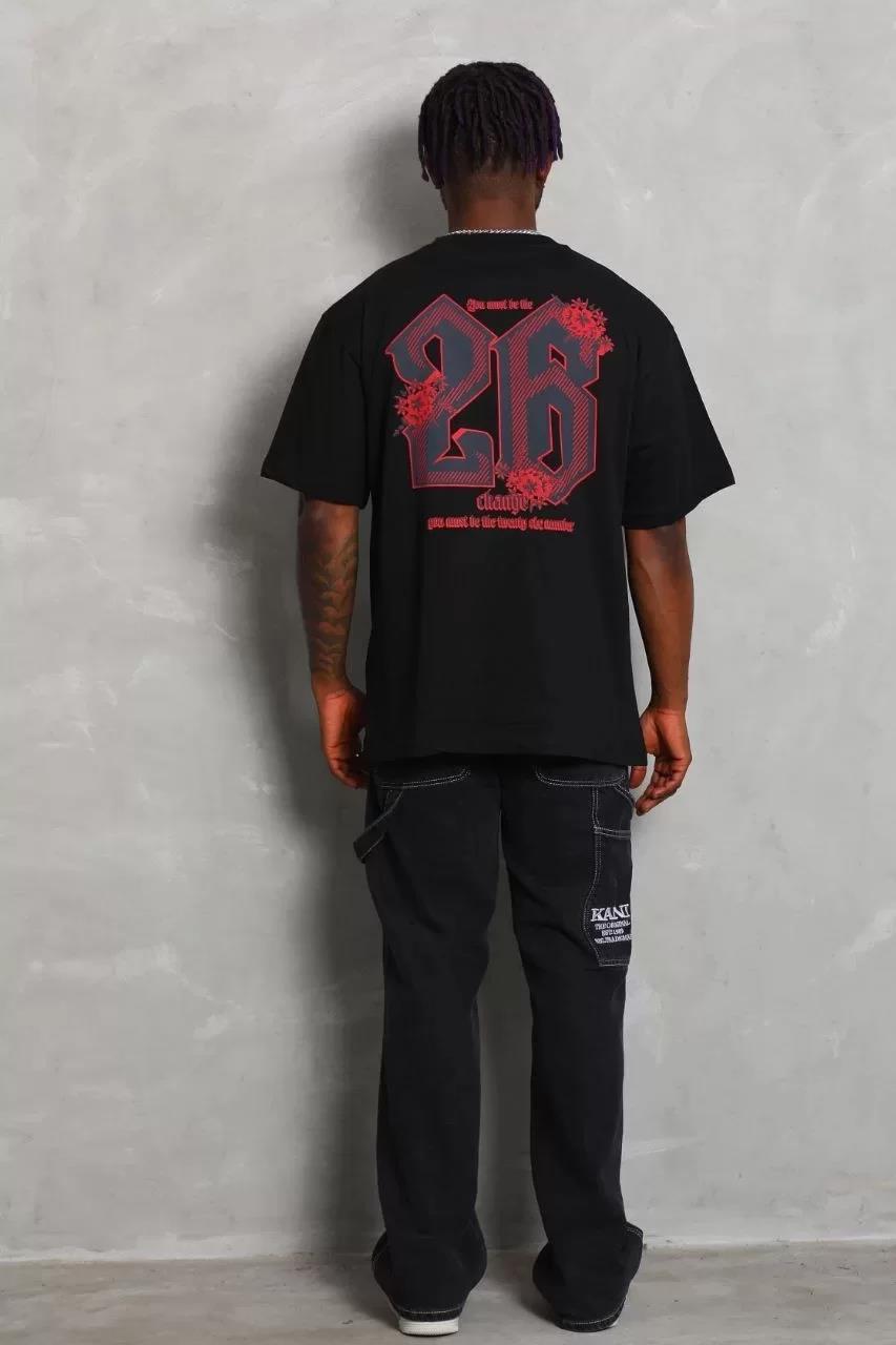 Unisex Oversize Baskılı Bisiklet Yaka T-Shirt - Siyah