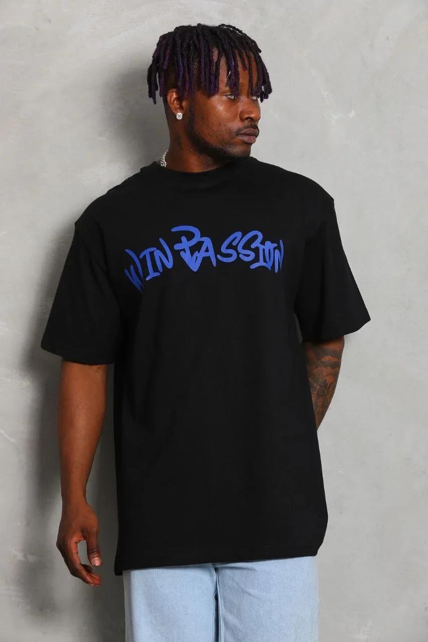 Unisex Oversize Baskılı Bisiklet Yaka T-Shirt - Siyah