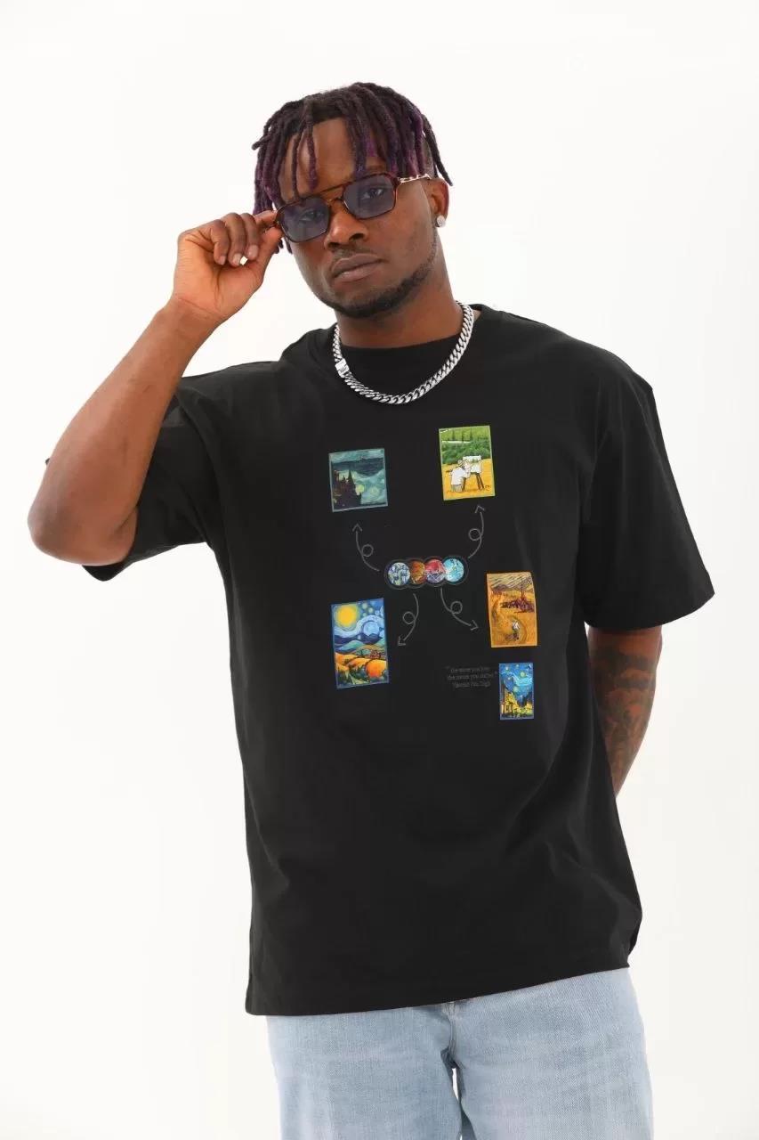 Unisex Oversize Baskılı Bisiklet Yaka T-Shirt - Siyah
