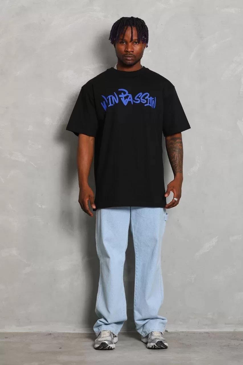 Unisex Oversize Baskılı Bisiklet Yaka T-Shirt - Siyah