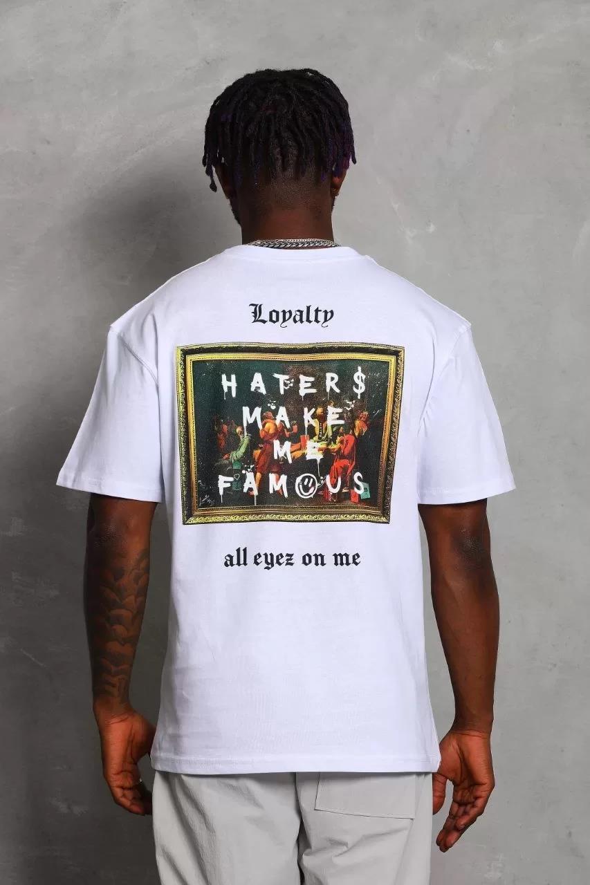 Unisex Oversize Baskılı Bisiklet Yaka T-Shirt - Beyaz