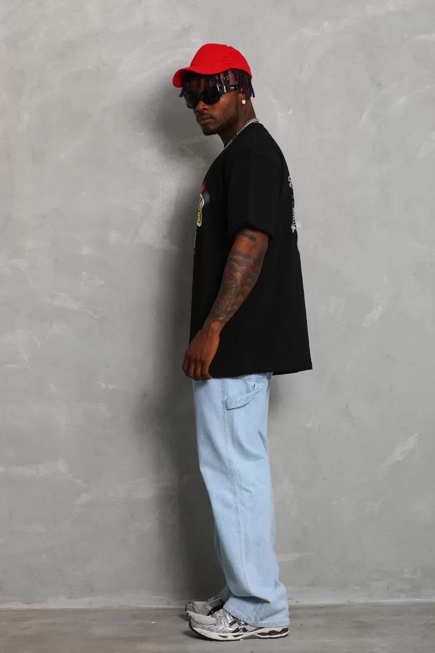 Unisex Oversize Baskılı Bisiklet Yaka T-Shirt - Siyah