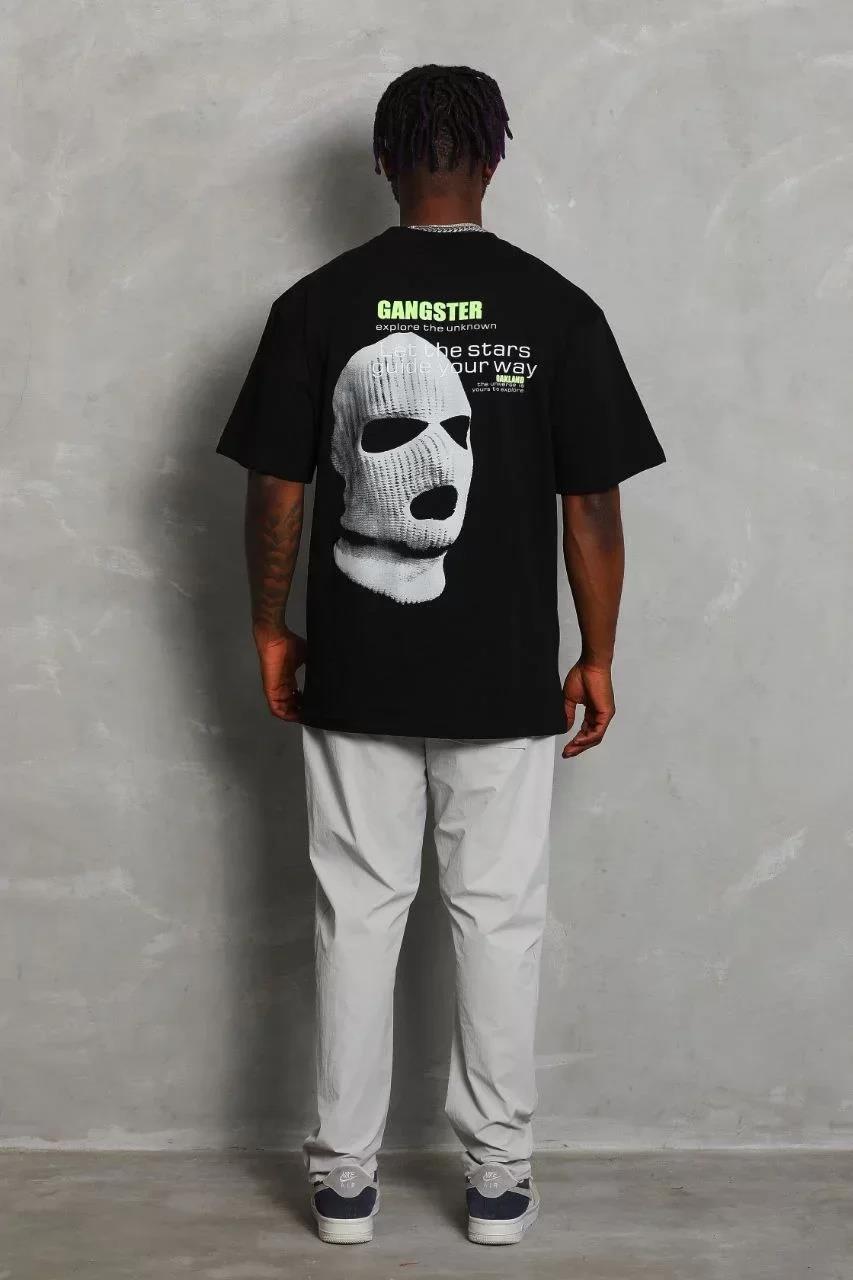 Unisex Oversize Baskılı Bisiklet Yaka T-Shirt - Siyah