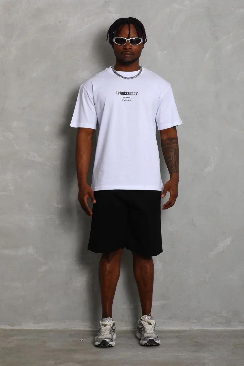 Unisex Oversize Baskılı Bisiklet Yaka T-Shirt - Beyaz