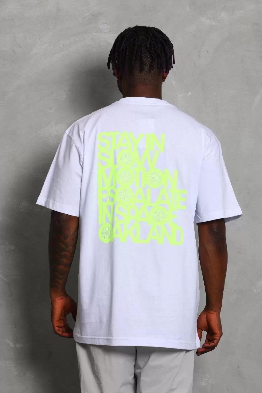 Unisex Oversize Baskılı Bisiklet Yaka T-Shirt - Beyaz
