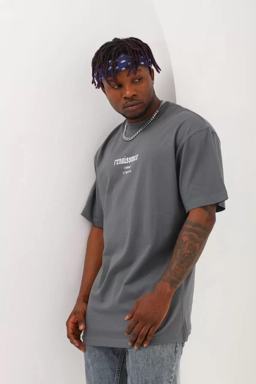 Unisex Oversize Baskılı Bisiklet Yaka T-Shirt - Füme