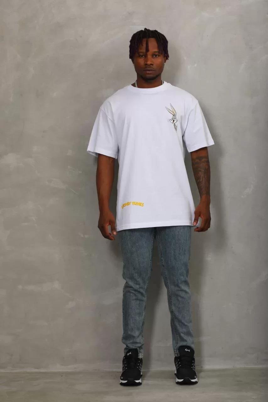 Unisex Oversize Baskılı Bisiklet Yaka T-Shirt - Beyaz