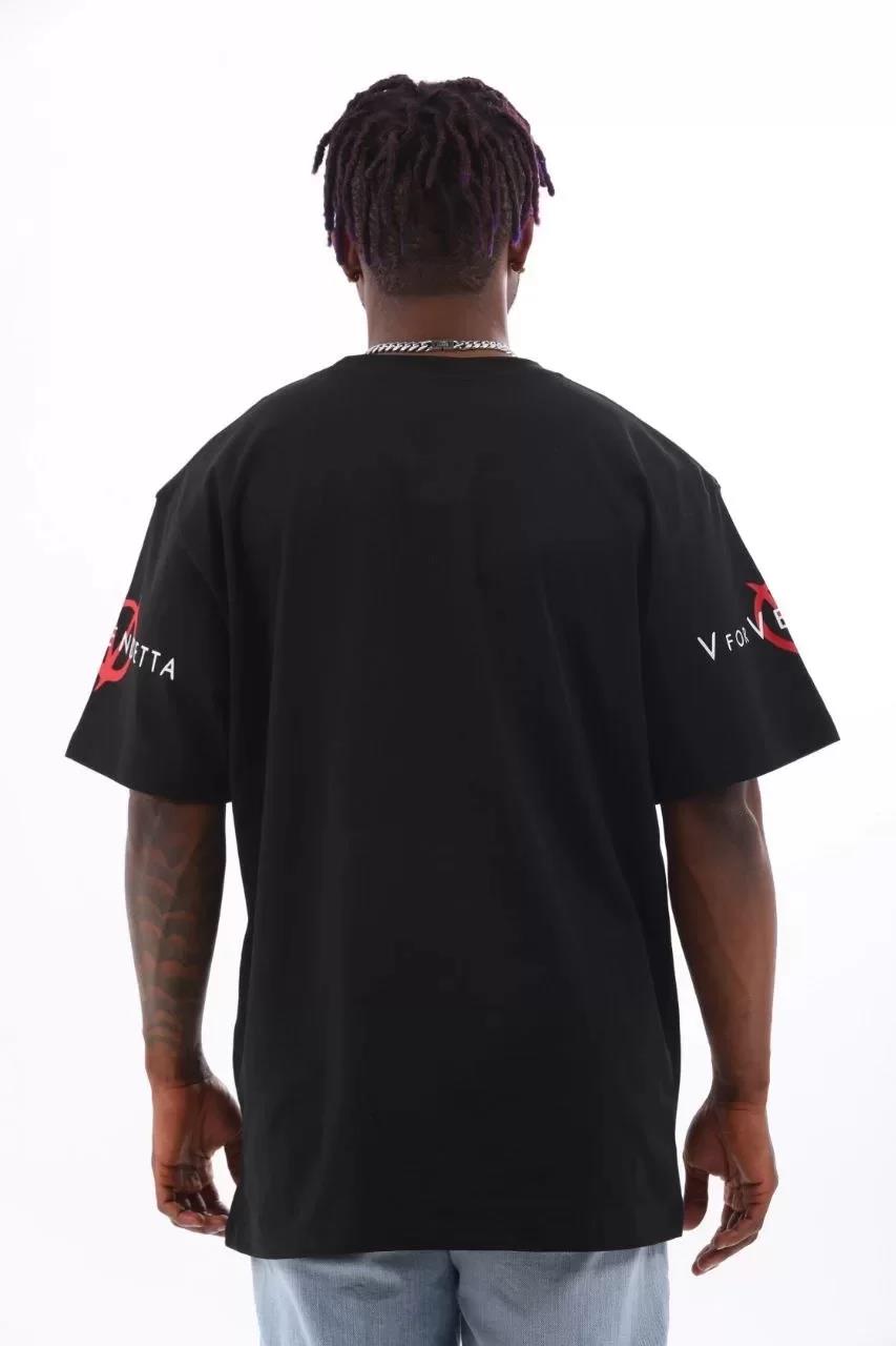 Unisex Oversize Baskılı Bisiklet Yaka T-Shirt - Siyah