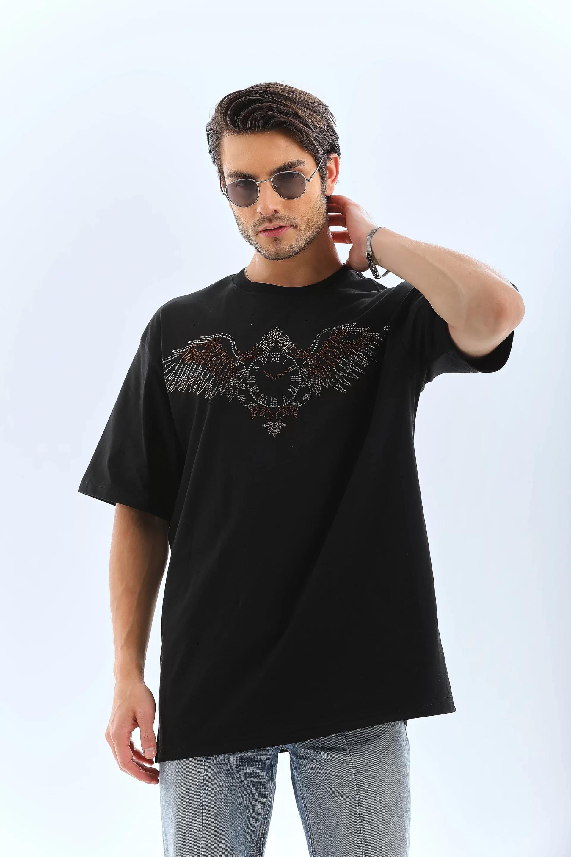 Unisex Oversize Taşlı Bisiklet Yaka T-Shirt - Siyah