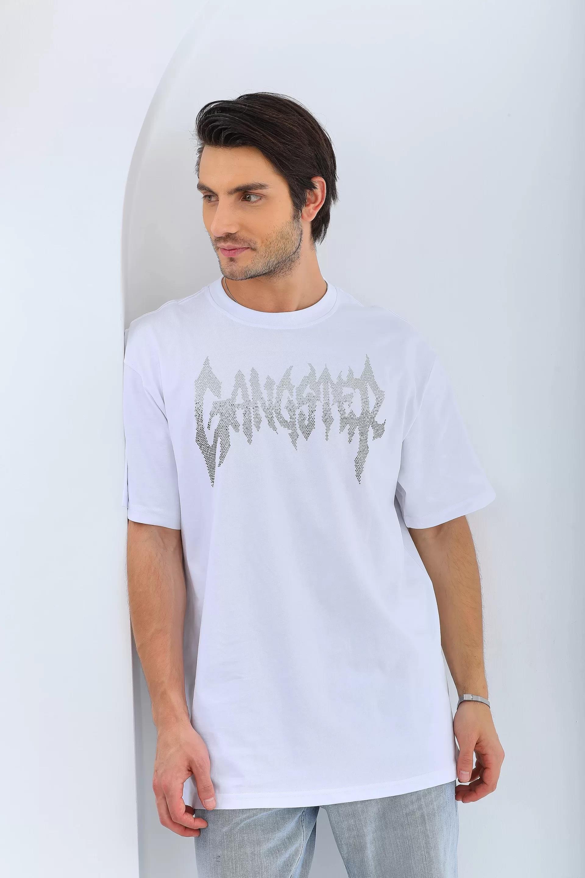 Unisex Oversize Taşlı Bisiklet Yaka T-Shirt - Beyaz