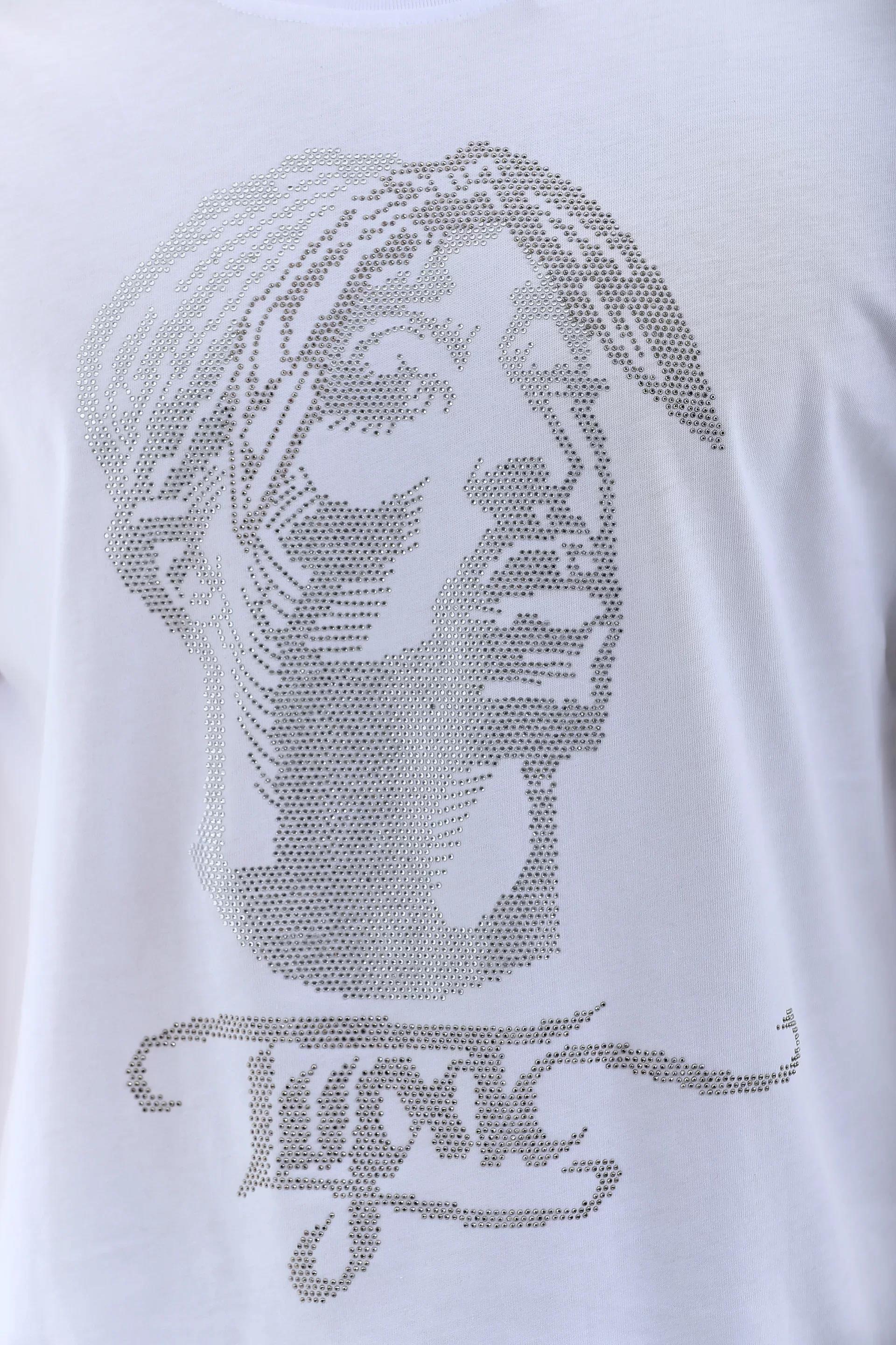 Unisex Oversize Taşlı Bisiklet Yaka T-Shirt - Beyaz