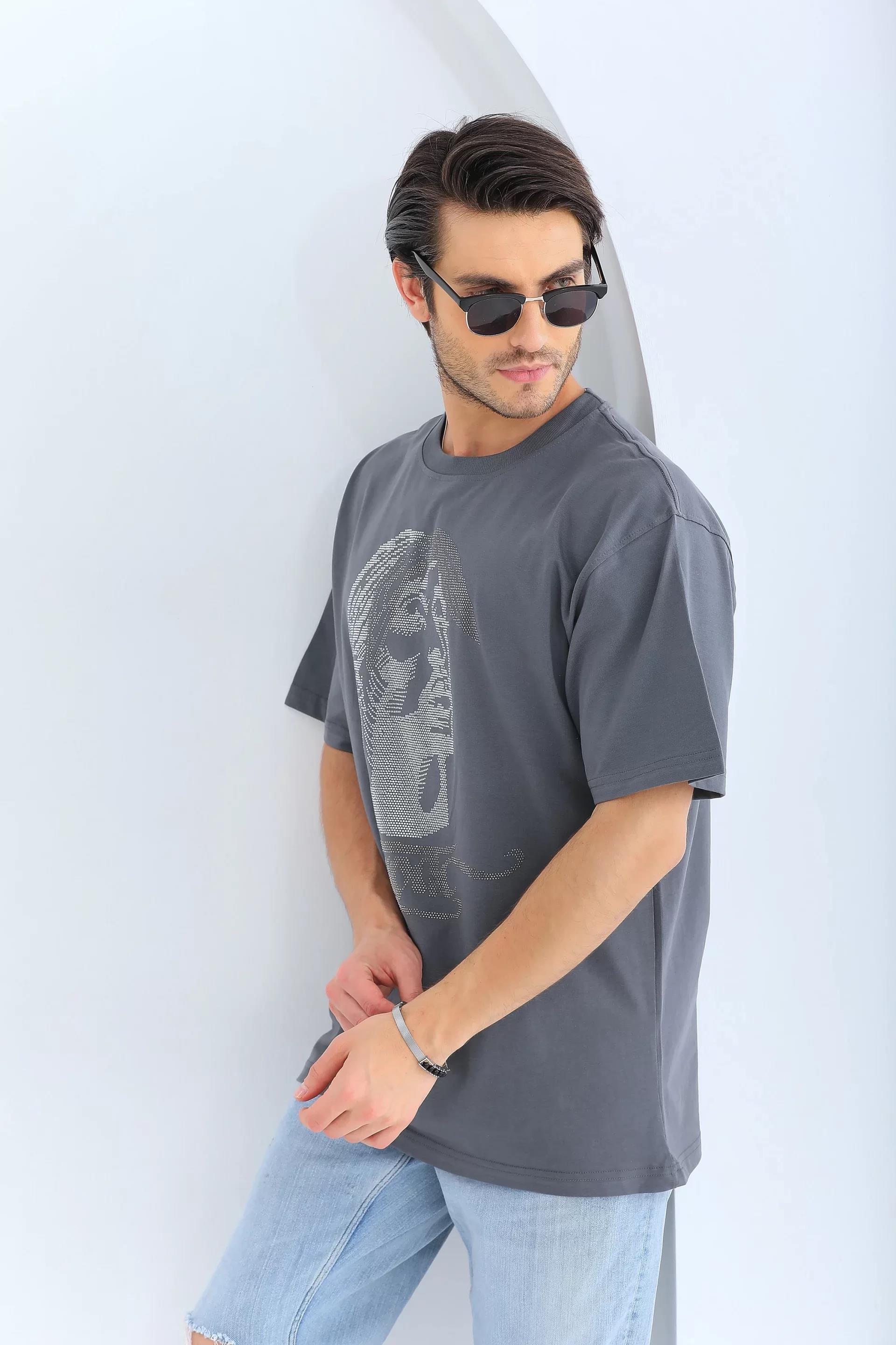 Unisex Oversize Taşlı Bisiklet Yaka T-Shirt - Füme