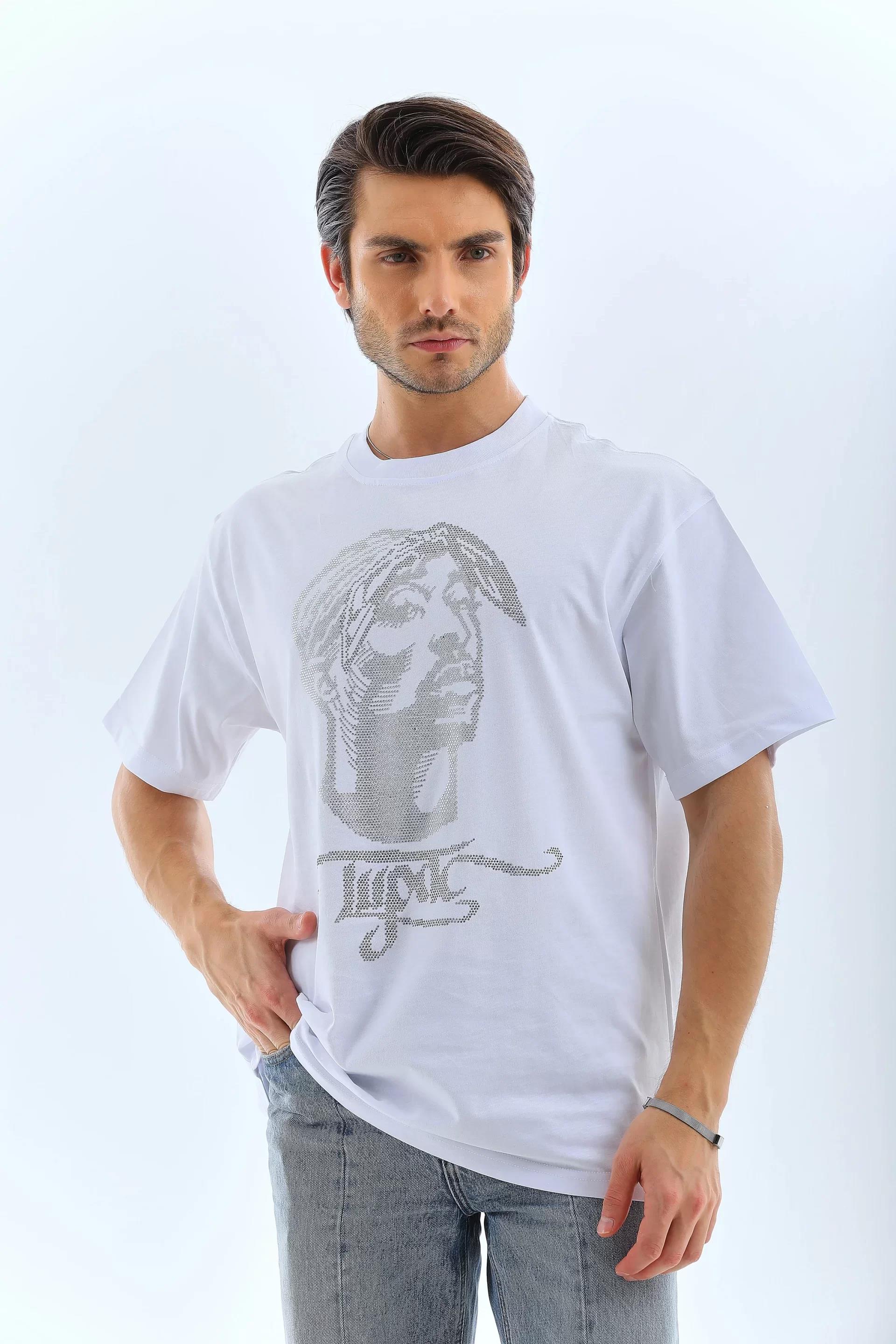 Unisex Oversize Taşlı Bisiklet Yaka T-Shirt - Beyaz