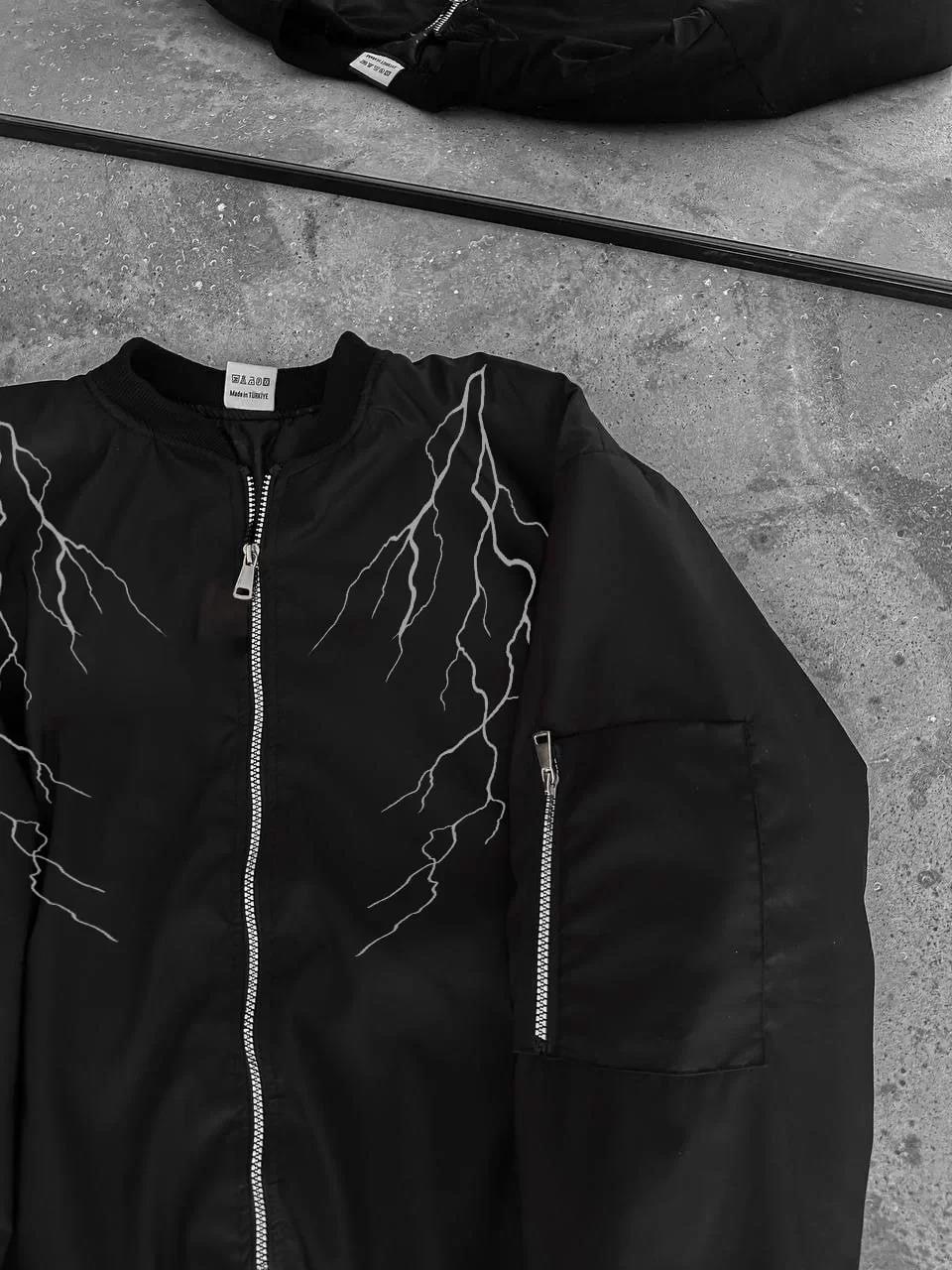 Unisex Siyah Bomber Mont – Beyaz Şimşek Desenli, Fermuarlı Cepli, Kapitone Astarlı Sokak Stili Günlük Ceket - Siyah