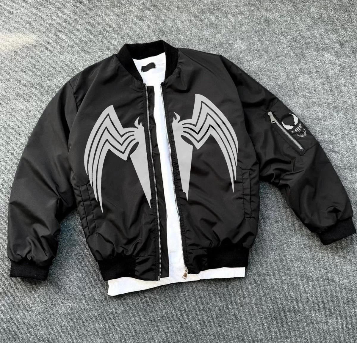 Unisex Siyah Bomber Mont – Venom Beyaz Örümcek Logolu, Fermuarlı Cepli, Kapitone Astarlı Günlük Mont - Siyah